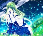  covering_mouth danmaku detached_sleeves gohei grass green_hair kochiya_sanae leaf long_hair saki_oka sky solo star star_(sky) starry_sky touhou wide_sleeves 