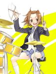  brown_hair cymbals drum drum_set drumsticks hairband highres instrument k-on! open_mouth round_teeth satou_atsuki school_uniform short_hair sitting smile socks solo tainaka_ritsu teeth tomboy yellow_eyes 