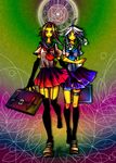  acid_trip alternate_costume analog_clock bad_id bad_pixiv_id braid clock colorful contemporary highres izayoi_aki izayoi_sakuya legs long_hair multiple_girls namesake ninomae school_uniform short_hair thigh_strap thighhighs touhou twin_braids walking yuu-gi-ou yuu-gi-ou_5d's 