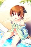  bad_id bad_pixiv_id bare_shoulders bikini blush brown_eyes brown_hair face flat_chest flower kazakura long_hair looking_up navel off_shoulder original petals plumeria ponytail pool poolside shirt sitting smile soaking_feet solo swimsuit tile_floor tiles water 