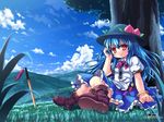  adjusting_hair against_tree boots bracelet cloud day etogami_kazuya grass hat highres hill hinanawi_tenshi jewelry landscape long_hair looking_at_viewer meadow nature scenery sitting sky smile solo sword sword_of_hisou touhou tree wallpaper weapon wind 