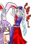  anger_vein animal_ears braid bunny_ears clenched_teeth hat kisaragi_ryou_(sougetsu-tei) long_hair multiple_girls o_o purple_hair reisen_udongein_inaba sharp_teeth silver_hair simple_background sweatdrop teeth touhou translated white_background yagokoro_eirin 