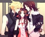  1girl 2boys aerith_gainsborough belt blonde_hair blue_eyes brown_hair cloud_strife dress female final_fantasy final_fantasy_vii final_fantasy_viii girl gloves green_eyes jacket jewelry kingdom_hearts long_hair male multiple_boys necklace omix pink_ribbon ribbon shirt short_hair sleeveless sleeveless_turtleneck squall_leonhart turtleneck 