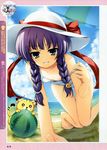  absurdres akatsuki_no_goei barefoot beach braid breasts cat_hair_ornament day food fruit green_eyes grin hair_ornament hat highres huge_filesize nipple_slip nipples one-piece_swimsuit purple_hair ribbon school_swimsuit small_breasts small_nipples smile strap_slip sun_hat swimsuit tomose_shunsaku tsuki_(akatsuki_no_goei) twin_braids watermelon white_school_swimsuit white_swimsuit 