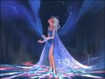  1girl bare_legs blue_dress clenched_hands commentary commentary_request copyright_name disney dress elsa_(frozen) english_commentary expressionless eyes_closed frozen_(disney) full_body gori_matsu long_dress mixed-language_commentary profile solo standing white_hair wind wind_lift 