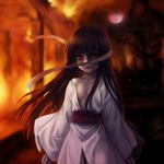  bangs black_hair blood blunt_bangs enma_ai fire flat_chest highres hime_cut japanese_clothes jigoku_shoujo kimono long_hair moon mutsuki_(moonknives) open_clothes open_kimono red_eyes red_moon ribbon solo 