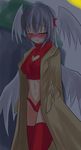  angel_wings blush cleavage_cutout final_fantasy final_fantasy_tactics head_wings heart heart_cutout leotard long_hair midriff orange_eyes red_leotard silver_hair solo tanaka_houjou tears thighhighs trench_coat ultima_(fft) wings 