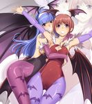  1girl :d animal_print armpits bat_print breasts brown_hair cleavage_cutout commentary_request cosplay covered_nipples crossdressing elbow_gloves flat_chest gloves hakaba_(dairiseki) head_wings hug large_breasts leotard light_blue_hair lilith_aensland lilith_aensland_(cosplay) long_hair morrigan_aensland morrigan_aensland_(cosplay) open_mouth otoko_no_ko pantyhose print_legwear quiz_magic_academy red_leotard satsuki_(quiz_magic_academy) short_hair smile vampire_(game) wide_hips wings yuu_(quiz_magic_academy) zoom_layer 