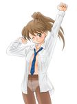  blue_neckwear blush brown_eyes brown_hair cowboy_shot crotch_seam lielos necktie no_pants one_eye_closed open_clothes open_shirt original panties panties_under_pantyhose pantyhose poniko_(lielos) ponytail shirt solo stretch underwear 