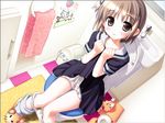  1girl bathroom blush border brown_eyes brown_hair cute dress dress_lift dutch_angle embarrassed frown hiide nekomiya_nono panties panties_down panty_pull peeing petticoat sailor_dress school_uniform schoolie see-through short_hair sitting slippers socks toilet towel trash_can trashcan underwear voyeur voyeurism yotsunoha 