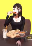  1girl bangs black_hair black_sweater blunt_bangs breasts brown_eyes brown_legwear choker cleavage cup curry drinking_glass drinking_straw earrings food gravy_boat highres jewelry jun_(seojh1029) long_hair naan_bread open_mouth original pantyhose sitting sleeves_past_wrists solo sweat sweater teeth thighs 