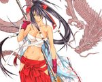  black_hair breasts cleavage dragon fingerless_gloves gloves green_eyes groin hair_over_one_eye ikkitousen kan'u_unchou large_breasts long_hair low-tied_long_hair midriff navel polearm ponytail sarashi shiozaki_yuji undressing very_long_hair weapon 