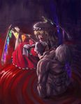  1girl ^_^ barefoot blood broad_shoulders closed_eyes death faceless faceless_male fang feet flandre_scarlet highres kath laevatein mannosuke morichika_rinnosuke muscle nude one_side_up smile touhou vampire wings 