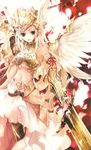  absurdres armor blonde_hair copyright_request green_eyes highres kuramoto_kaya long_hair midriff solo sword weapon wings 