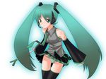  gradient_hair green_eyes green_hair hatsune_miku headphones kasu_kazu long_hair multicolored_hair necktie panties skirt solo spring_onion striped striped_panties thighhighs twintails underwear vocaloid 