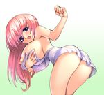  ass blue_eyes blush breast_hold breasts gunner-l huge_breasts long_hair looking_back milk_tank open_mouth pink_hair 