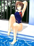  armpits arms_behind_head barefoot brown_eyes brown_hair competition_swimsuit drain_(object) feet full_body highleg highleg_swimsuit legs oboro_(squeeze) one-piece_swimsuit original outdoors pool poolside print_swimsuit short_hair sitting soaking_feet solo stretch swimsuit water 