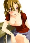  absurdres bad_id bad_pixiv_id bracelet breasts brown_eyes brown_hair cleavage crossed_legs downblouse eyeshadow face highres jewelry large_breasts makeup no_bra original sitting skirt solo zpolice 