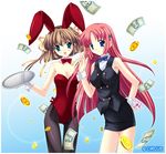  animal_ears asakura_nemu blue_eyes brown_hair bunny_ears bunnysuit da_capo da_capo_i fishnet_pantyhose fishnets green_eyes hair_ribbon long_hair lowres money multiple_girls pantyhose pink_hair ribbon shirakawa_kotori short_hair tray vest 