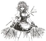  1girl braid female gloves hat izayoi_sakuya knife lips maid monochrome open_mouth simple_background skirt solo takatora throwing_knife touhou weapon 