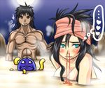  1girl aqua_eyes black_hair blood blush deborah dragon_quest dragon_quest_v heart hero_(dq5) hoimi_slime manly mole mole_under_eye moon muscle nosebleed onsen spoken_heart steam tonda water 