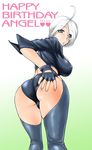  ahoge angel_(kof) ass bent_over blue_eyes breasts covered_nipples fingerless_gloves from_behind gloves hair_over_one_eye happy_birthday large_breasts looking_back midriff short_hair solo st.germain-sal the_king_of_fighters thighhighs white_hair 