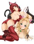  animal_ears ass blonde_hair blush boots breasts cat_ears cat_tail cleavage elbow_gloves gloves green_eyes hakaba_(dairiseki) high_heels highres large_breasts long_hair miranda_(quiz_magic_academy) multiple_girls quiz_magic_academy red_hair ruquia shoes short_hair tail thigh_boots thighhighs 