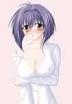  bare_shoulders blush breast_hold breasts brown_eyes cleavage covered_nipples karin large_breasts maaka_karin open_clothes open_shirt purple_hair shirt short_hair solo takaha_hideto 