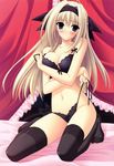  absurdres bed black_legwear blonde_hair blue_eyes blush bra breast_hold breasts cleavage highres kanou_seia large_breasts lingerie long_hair navel non-web_source panties side-tie_panties solo stellar_theater suzuhira_hiro thighhighs underwear underwear_only 