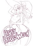  aoi_kumiko copyright_request flat_chest halloween happy_halloween hat jack-o'-lantern monochrome naked_pumpkin pumpkin pumpkin_costume sketch solo topless white_background witch_hat 