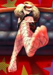  1girl bangs bare_shoulders black_gloves blonde_hair blue_eyes blurry_foreground breasts couch earrings elbow_gloves fishnet_pantyhose fishnets gloves hat highres jewelry k.ty_(amejin) legs_crossed leotard long_hair looking_at_viewer medium_breasts nail_polish pantyhose peaked_cap persona persona_5 red_leotard red_lips red_nails sidelocks signature sitting smile solo takamaki_anne twintails 