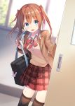  1girl :d bag blazer blue_eyes blurry blurry_background blush brown_hair brown_jacket brown_legwear brown_sweater buttons collared_shirt commentary_request cowboy_shot day depth_of_field door hair_ribbon holding indoors jacket light_particles long_hair long_sleeves looking_at_viewer miniskirt moe2019 neck_ribbon open_clothes open_jacket open_mouth original plaid plaid_skirt pleated_skirt red_neckwear red_ribbon red_skirt ribbon school_bag school_uniform shirai_tanuki shirt sidelocks skirt smile solo standing striped striped_neckwear sweater thighhighs twintails undershirt white_shirt wing_collar zettai_ryouiki 