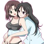  black_hair brown_hair green_eyes hug kobayakawa_miyuki long_hair multiple_girls pajamas panties purple_eyes ryokka short_hair tsujimoto_natsumi undershirt underwear you're_under_arrest 