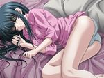  ass bangs bed black_hair blunt_bangs breasts cameltoe closed_eyes covered_nipples from_above game_cg gimai_-_hitomi legs long_hair lying maejima_hitomi medium_breasts mikio no_pants on_side open_mouth panties pantyshot pantyshot_(lying) pillow sleeping solo underwear white_panties 