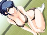  blue_hair blush bra breasts brown_eyes cleavage covered_nipples dutch_angle fetish_2:_omote_no_kioku game_cg jewelry kinmedai_pink kneeling large_breasts lingerie mature panties ring saegusa_kanako socks solo underwear underwear_only wedding_band 