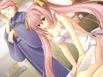  apron blue_eyes dutch_angle fantasical game_cg japanese_clothes karla_(fantasical) kimono kneeling little_(artist) long_hair multiple_girls naked_apron non-web_source pink_hair twintails 