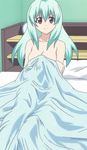  aqua_hair bangs bed bed_sheet breasts cleavage hair_between_eyes holding_arm indoors large_breasts light_smile long_hair naked_sheet pillow pink_eyes run_elsie_jewelria screencap shelf sidelocks sitting smile solo stitched third-party_edit to_love-ru 