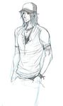  baseball_cap bracelet earrings facial_hair hands_in_pockets hat itsuki_takami jewelry layered_clothing long_hair looking_away male_focus necklace one_outs sketch solo tattoo tribal_tattoo unbuttoned 