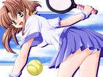  artist_request ball bent_over brown_eyes brown_hair copyright_request long_hair non-web_source panties pantyshot ponytail racket solo sportswear tennis_ball tennis_racket tennis_uniform underwear wristband 