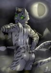  2018 anthro bajiao butt felid feline fur green_eyes looking_at_viewer male mammal moon nekojishi night prionailurus shu-chi solo standing striped_fur striped_tail stripes tongue tongue_out water 