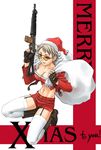  assault_rifle bang-you boots breasts brown_gloves christmas cleavage copyright_request fingerless_gloves garter_belt gloves gun medium_breasts rifle santa_costume short_hair sig_551 sig_sauer solo stray_bullets sunglasses thighhighs trigger_discipline weapon white_legwear 