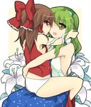  armpits blush breasts hakurei_reimu hug kochiya_sanae medium_breasts morinaga_kobato multiple_girls no_bra no_pants non-web_source panties ribbon sideboob small_breasts snake touhou underwear yuri 