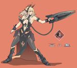  alva armband armor blonde_hair bodysuit breasts cleavage gun highres large_breasts logo long_hair original red_eyes solo thighhighs weapon 
