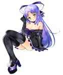  bad_id bad_pixiv_id black_legwear blue_hair blush bow crossed_legs elbow_gloves flat_chest full_body gloves green_eyes hair_bow high_heels highres inugami_poemu long_hair nee_chanto_shiyou_yo! nee_chanto_shiyou_yo!_2 nipples no_panties platform_footwear platform_heels shirt_pull shoes simple_background sitting solo thighhighs white_background yako 