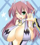  \m/ bad_id bad_pixiv_id blush breast_lift breasts cleavage detached_sleeves dress green_eyes huge_breasts kurokawa_otogi long_hair lowres maia_(pai_touch!) one_eye_closed open_mouth pai_touch! pink_hair seikan_hikou solo twintails 