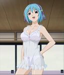  bare_shoulders blue_hair bra breasts chemise hand_on_hip kurono_kurumu large_breasts lingerie negligee nightgown purple_eyes rosario+vampire screencap see-through solo stitched third-party_edit underwear 