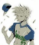  artist_request baseball_cap blonde_hair hat male_focus one_outs red_eyes shirt short_sleeves simple_background solo t-shirt tokuchi_toua upper_body white_background wind 
