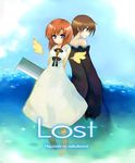  1girl back-to-back blue_eyes brown_hair cosplay couple dress eien_no_shounen eien_no_shounen_(cosplay) english hatchet hazuki_megumi hetero higurashi_no_naku_koro_ni lost lost-ko lost-ko_(cosplay) maebara_keiichi nose_hatchet orange_hair parody ryuuguu_rena short_hair smile sound_horizon water wings 