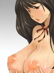  breast_hold breast_lift breasts brown_eyes brown_hair copyright_request huge_breasts long_hair nipples open_mouth solo topless yac_(mokkori) 