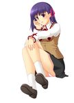  aocchi blush crossed_legs fate/stay_night fate_(series) homurahara_academy_uniform long_hair matou_sakura panties pantyshot pantyshot_(sitting) purple_eyes purple_hair school_uniform shoes sitting socks solo underwear white_panties 